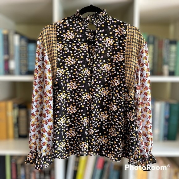 Boho Sfera Sheer Statement Sleeve Multi Colored Floral Blouse Top Size M - Picture 14 of 14